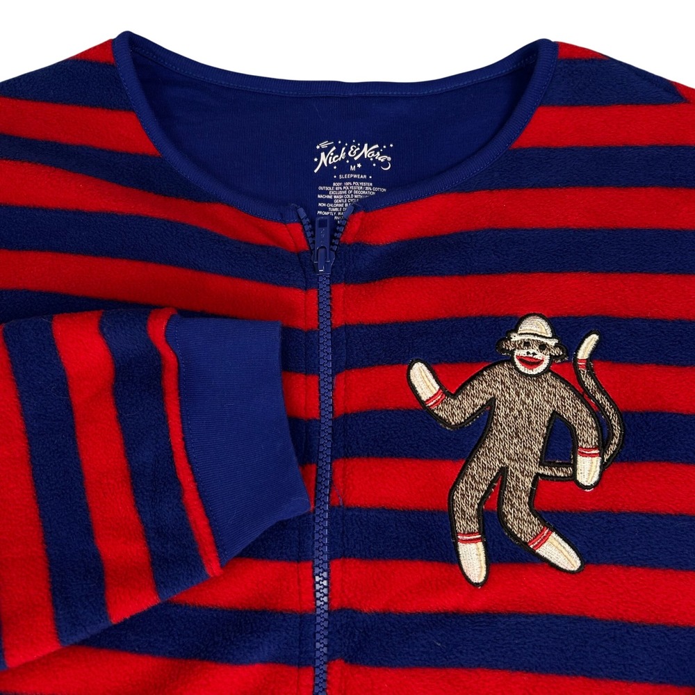 Nick & Nora Sock Monkey Footed Pajamas Red Blue Striped One Piece Medium Sleep